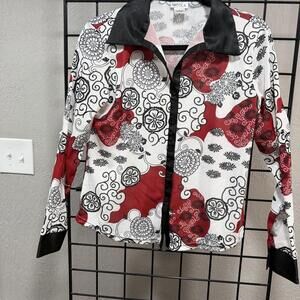 Nicola red, white, and black floral and swirl pattern polyester blouse with blac
